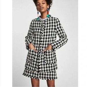 Zara tweed‎ frayed checkered overcoat size M